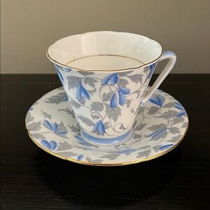 Royal Grafton Bone China Tea Cup and Saucer Blue Gray Floral Leaf Gold Rim